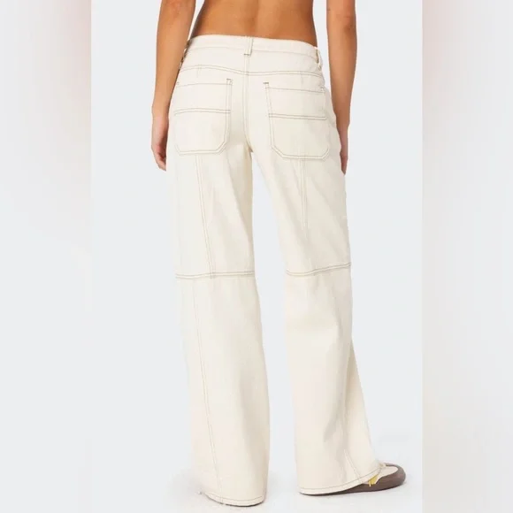 NWOT - Edikted Contrast Stitch Low Rise Jeans in Cream - Size L - Picture 9 of 9